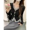 Fake Two-piece Stitching Contrasting Color Bow Long-sleeved Cardigan for Women Autumn New T-shirt Design Niche Slim Fit Top