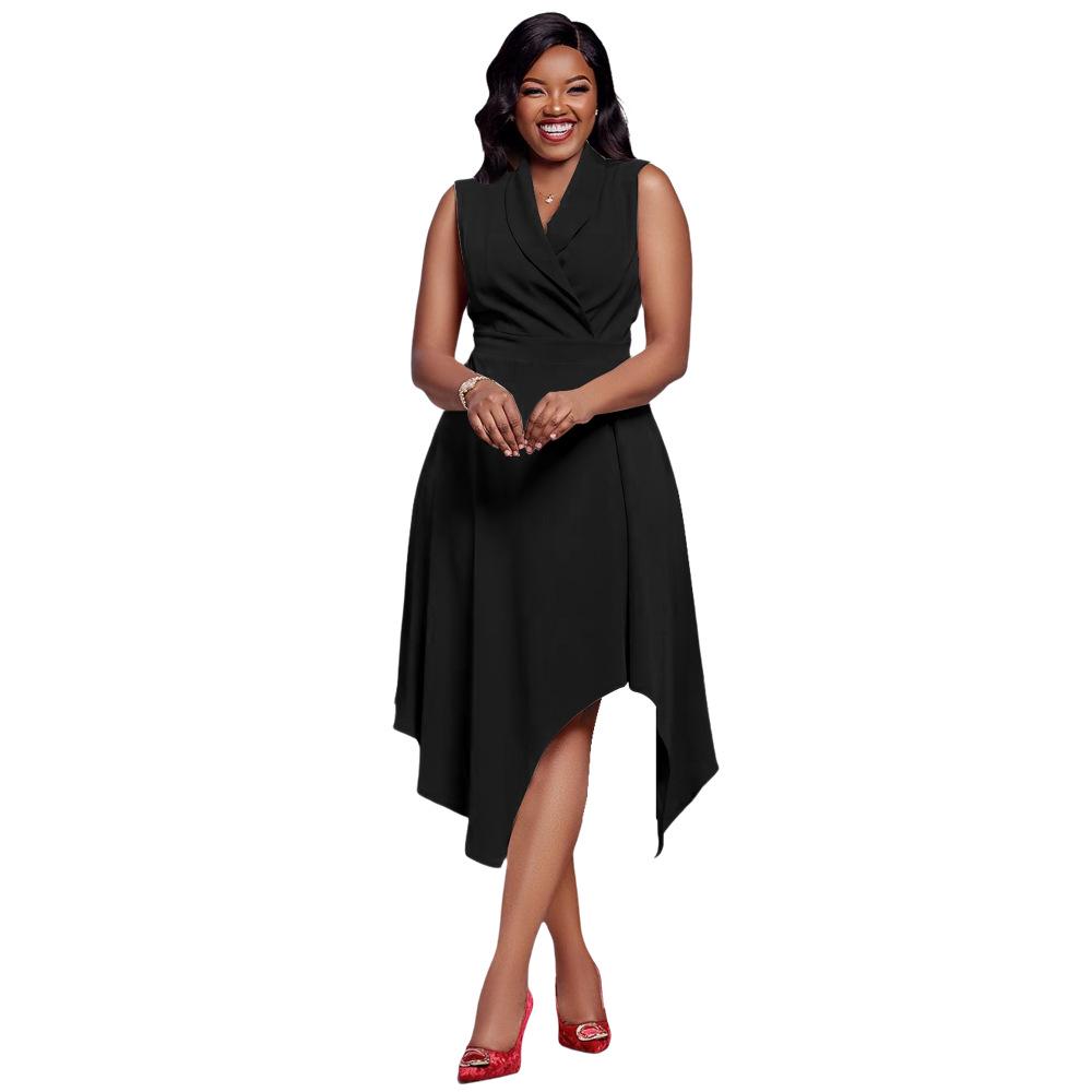 European & American Polo Collar Sleeveless Irregular Hem Slimming Summer Dress for Women