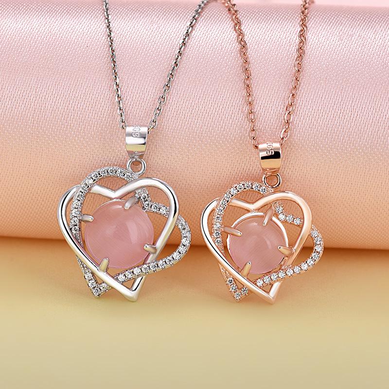 Damen Doppelherz Mikro-Eingefasste Silberanhänger-Halskette mit Imitat Rosenquarz und Morganit