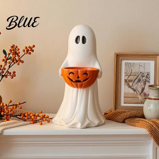 Fall Harvest Home Decor Resin Ghost Statue with Pumpkin Candy Bowl Cute Figurine Trick Decorative Snack Bowl or Treat Holder for Front Porch