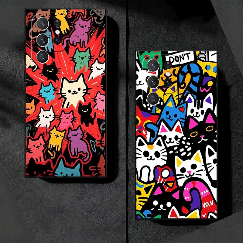 Cartoon Cute Cats Theme Soft Phone Case for Samsung Galaxy S26 S25 Edge S24 Ultra S23 Plus S22 S21 FE S20 Black Cover Back Shell