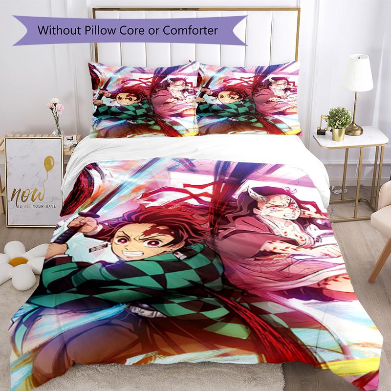 3pcs Demon Slayer Bedding Set Duvet Cover Closure Includes 1 Duvet Cover & 2 Pillowcases, Soft and Comfortable for All Seasons.