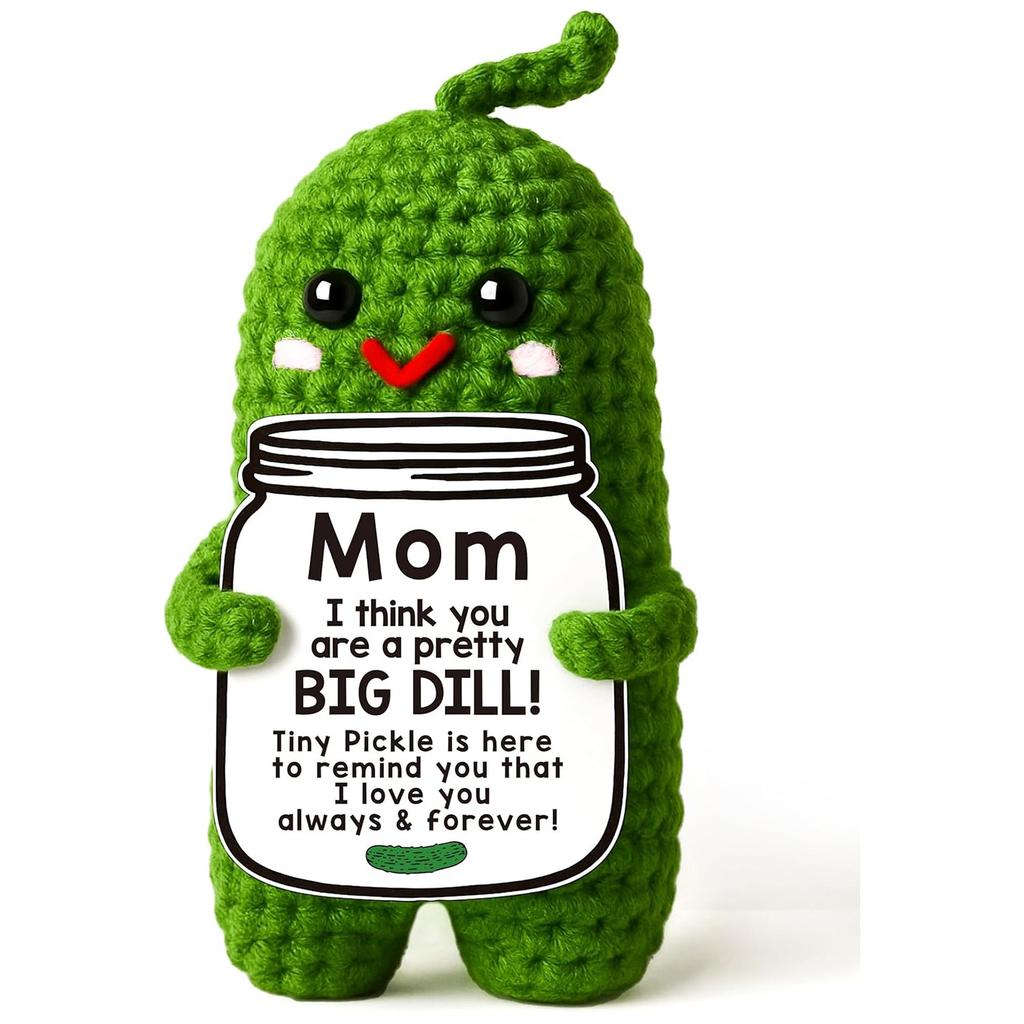 Funny Crochet Positive Pickle Plush Dolls with Card Mothers Day Gift for Mom from Daughter or Son Handmade Knitted Pickle Doll