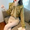 Spring and Autumn Korean Scarf Neck Bow Splice Lace Shirt Women's Foreign Versatile Slim Bottom Shirt