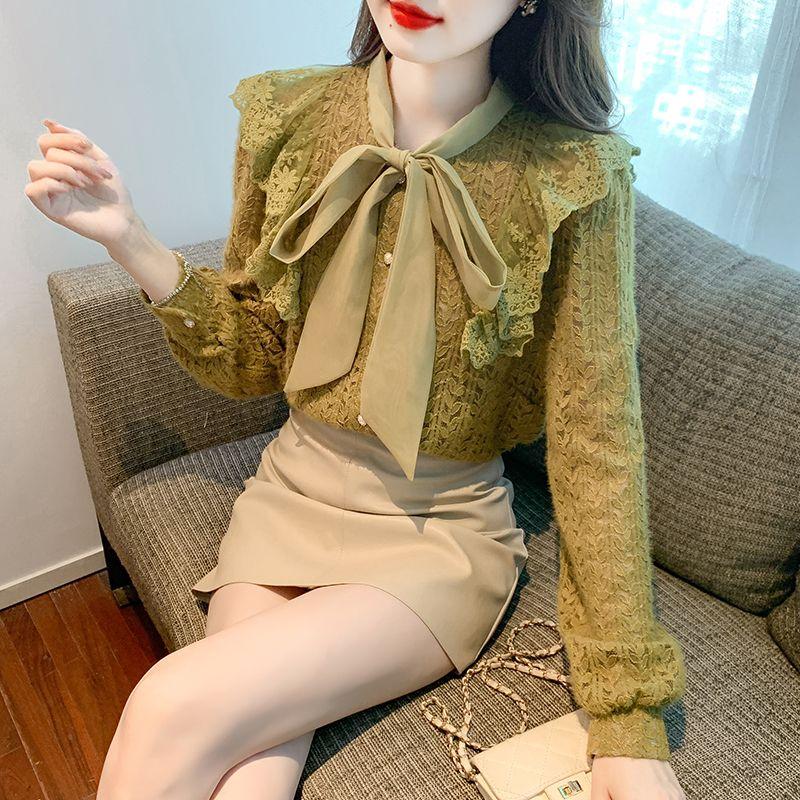 Jarní a podzimní korejský šátek Krk Mašle Splice Krajková košile Dámská zahraniční univerzální štíhlá košile