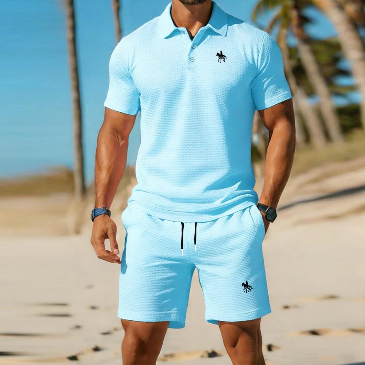 Herren Business-Stil Kurzarmhemd und Shorts Set | Leichtes Sommer Sport Set | Herren Freizeit Golf Outfit herren Trainingsanzüge 2 teiliges Set L blau