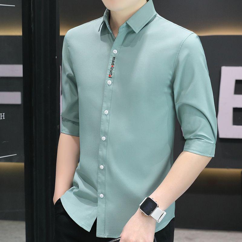 

Ice Silk Shirt Summer Men s Half-sleeved Shirt Business Casual Young Men s Inch Shirt Handsome Versatile Five-point Sleeve Top L синій