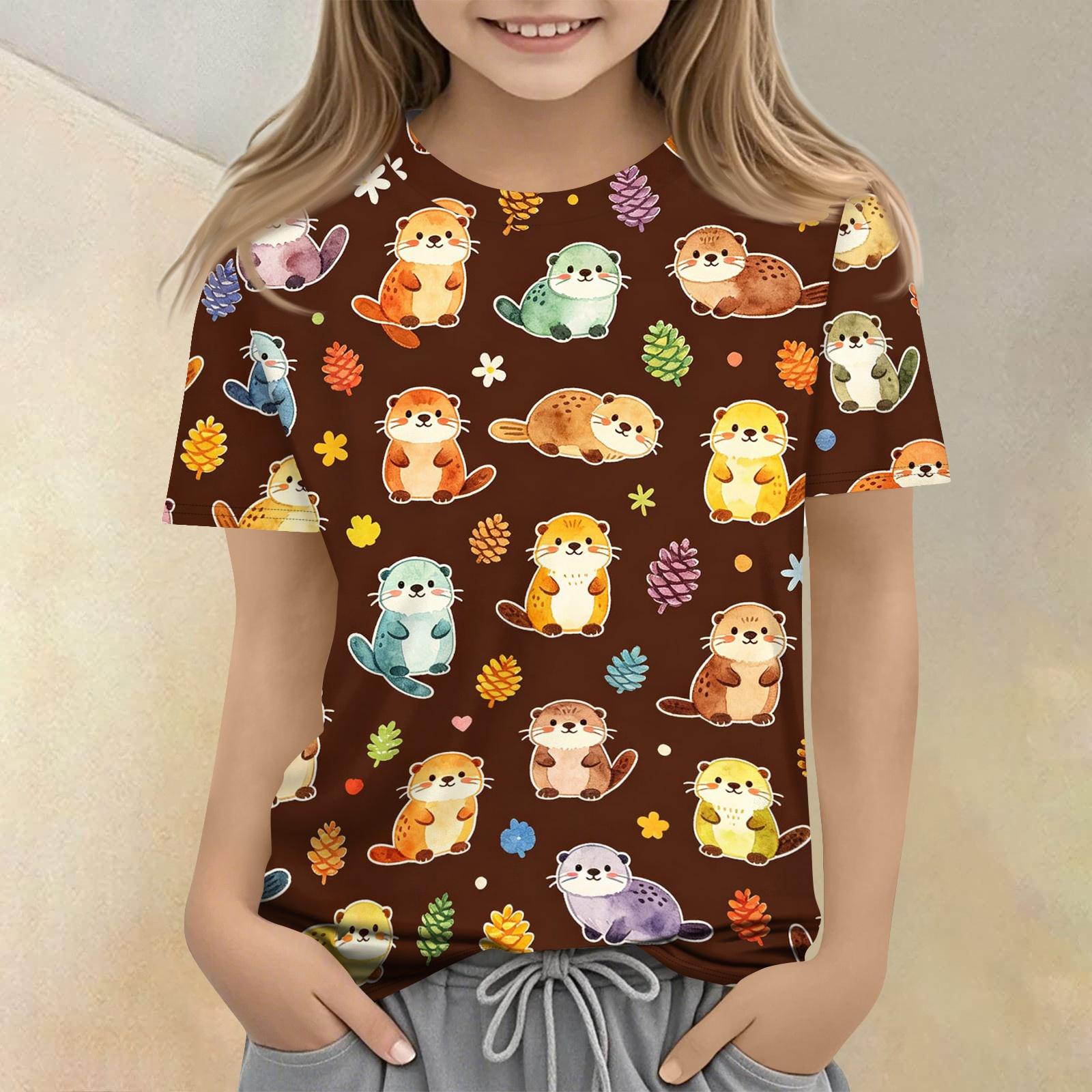 

Kids Casual Loose Fit Short Sleeve T Shirt Crew Neck Animal Print Top Soft Comfortable Fabric Suitable for Everyday Wear 100 коричневий