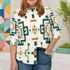 Women Plus Size Collared Neck Long Sleeve Black White Geometric Printed Button Front Curved Hem Shirt