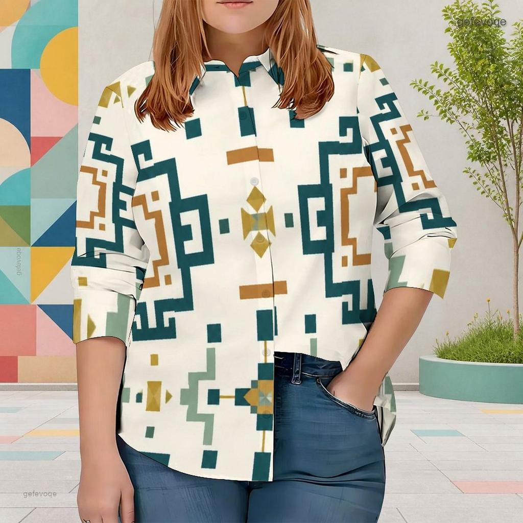 Women Plus Size Collared Neck Long Sleeve Black White Geometric Printed Button Front Curved Hem Shirt