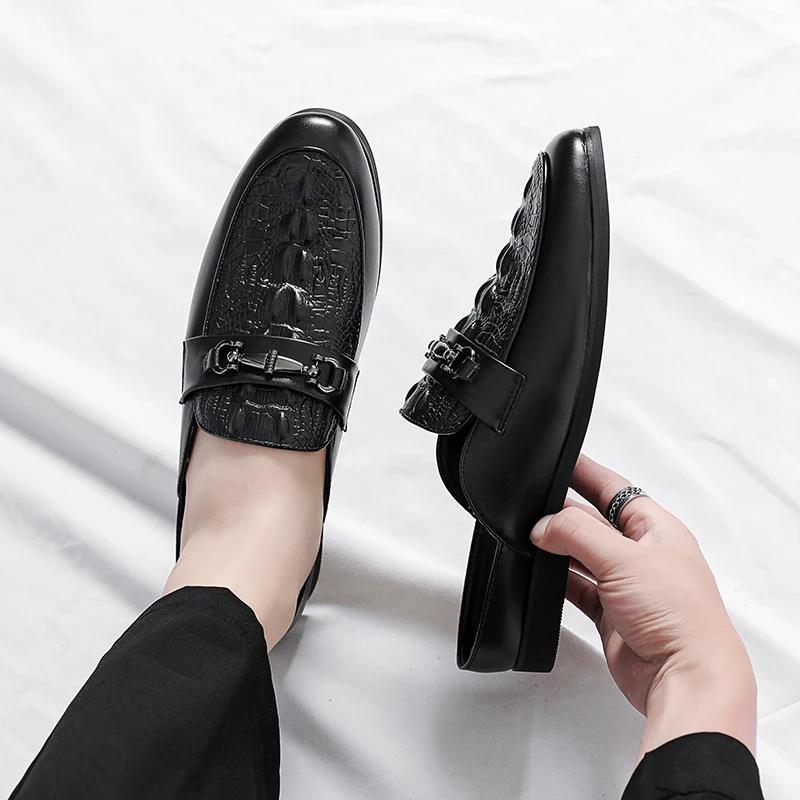 Fashion Men Leather Fashion Half Slipper Summer Men Loafers Flats Slippers for Outdoor Walking Shoes Male Shoes All-match Muller Shoes