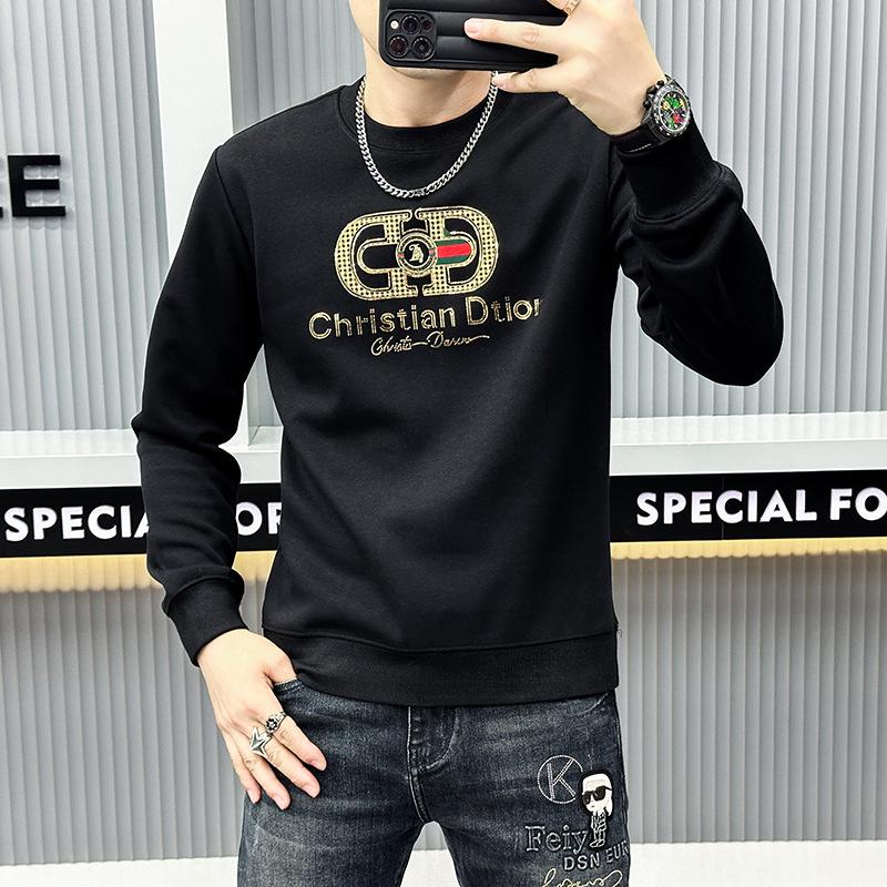 European Fashion Men's Long Sleeve Autumn/Winter Round Neck Sweater - White Casual with Hot Diamond Embossed Design
