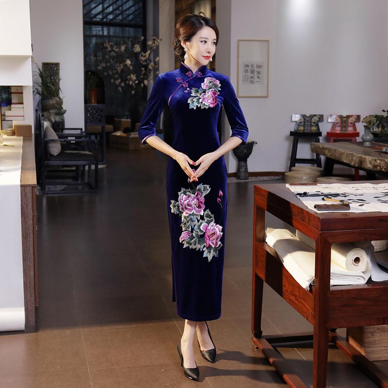 T0011-B New velvet long cheongsam improved daily banquet large size performance clothes women's Chinese style