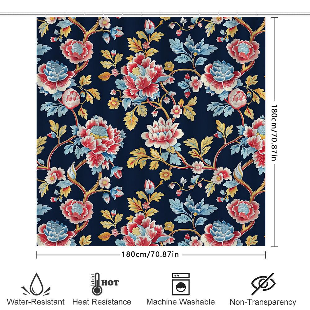 Luxurious Floral Shower Curtain Dark Blue Background with Pink White Flowers Pattern Modern Bathroom Decor Waterproof Fabric for