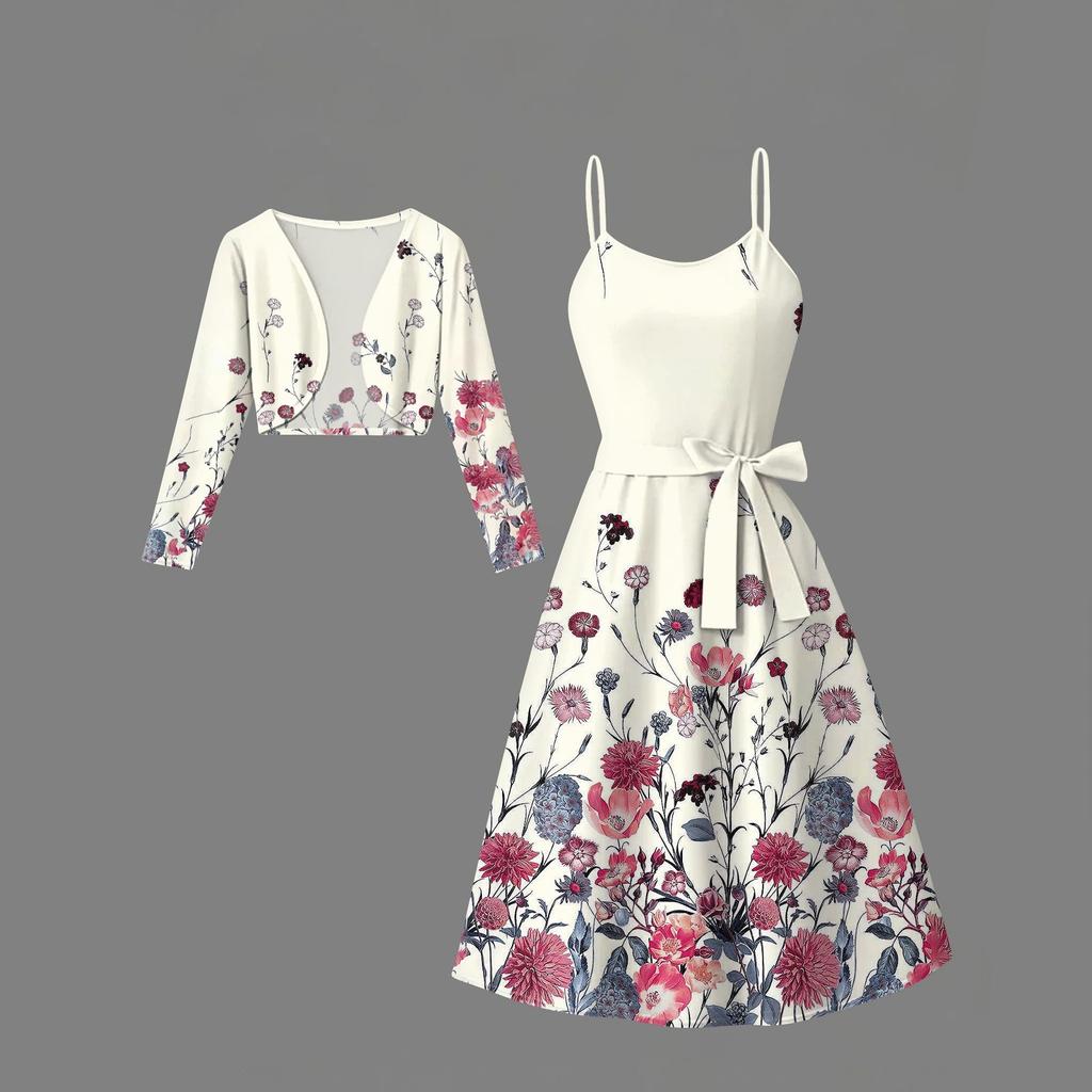 Women's  Fashionable And Casual Long-sleeved Short Cardigan Top + Belt + Strappy Dress Set