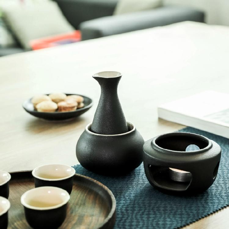 Japanese Drinking Set Contains Heat Resistant Sake Carafe Bottle 4 Cups Warmer Candle Stove Birthday Housewarmings Gift