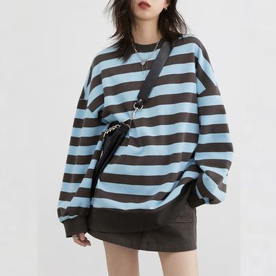 Kazak Kadın Günlük Yuvarlak Yaka Çizgili Uzun Kollu Tişört Üst İnce