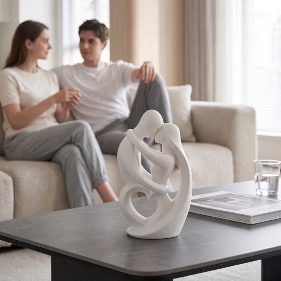 Minimalist White Art Sculpture 3D Printed Abstract Couple Embrace Statue, Heart Hollow Love Figurine, Elegant Statues for Living Room Bedroom