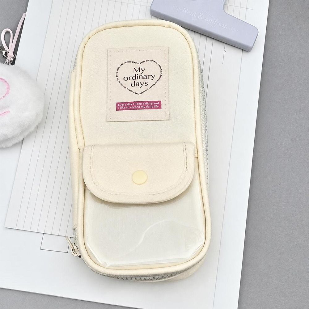 Large Capacity Pencil Case Transparent Window Stationery Storage Bag Vintage Pencil Bag