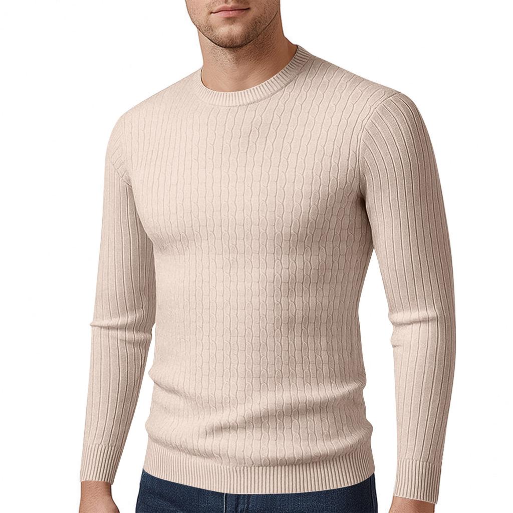 Men's Long Sleeved Solid Color Cable Knit Sweater Bottoming Shirt Slim Fit Pullover