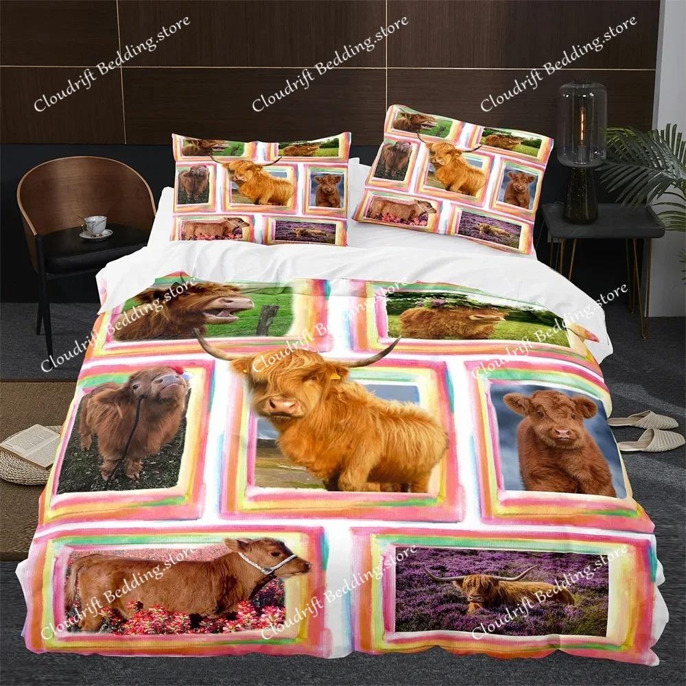 Highland Cow Duvet Cover King Queen Cattle Bedding Set Farmhouse Animal Quilt Cover Western Funny Bull Polyester Comforter Cover