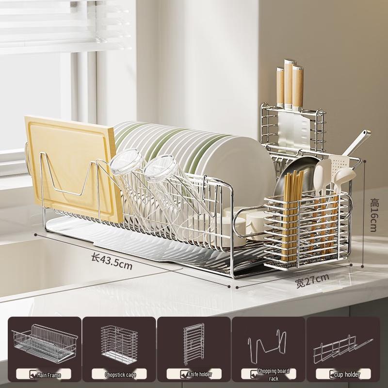 Large Stainless Steel Sink Dish Drying Rack with Knife Holder