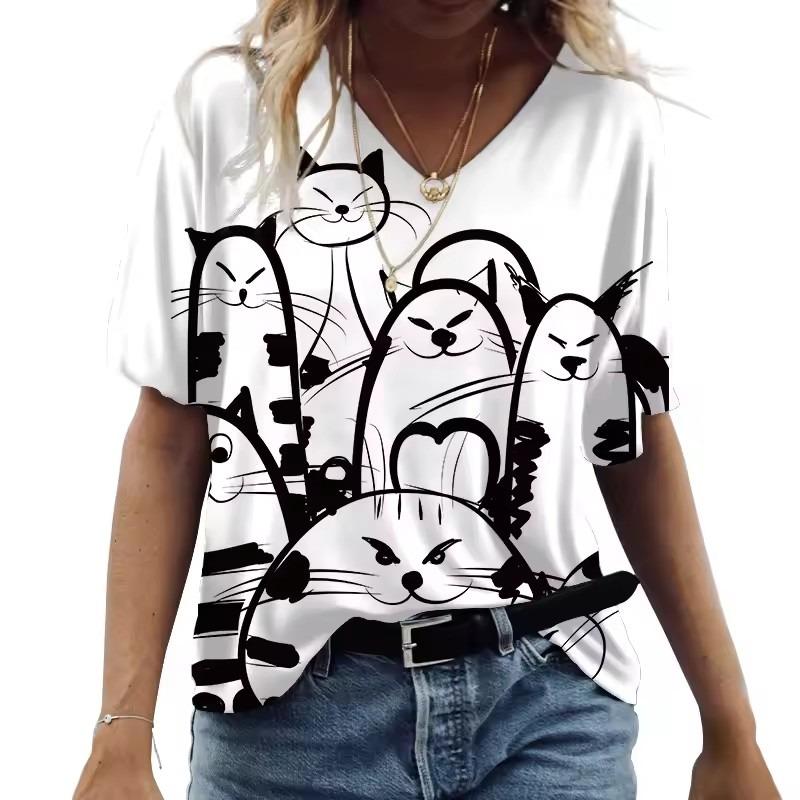 Cartoon Cat Women's T-shirts V-Neck Cute Cat 3D Print Short Sleeve Summer Kawaii Fashion Casual Tee Shirts Funny Femininity Clothes