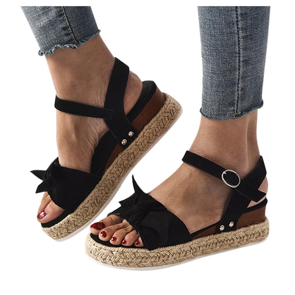 Women's Ladies Fashion Solid Leopard Wedges Bowknot Sandals Casual Shoes