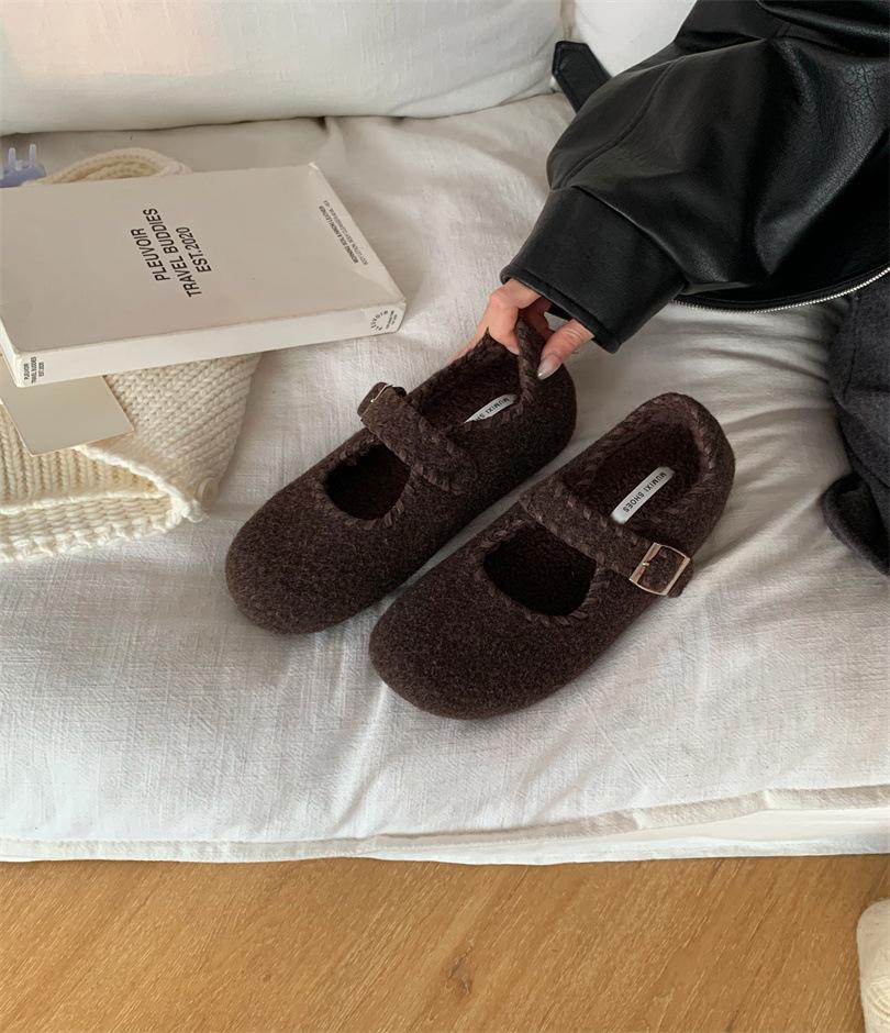 2025 autumn and winter new round head with velvet thick-soled warm women's cotton shoes fashion woven women's single shoes