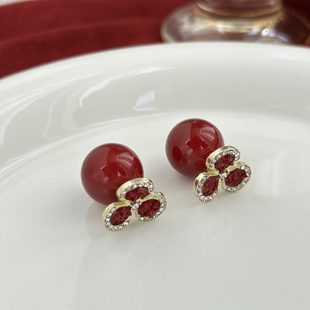 New Year'S Red Flower Round Beads With Diamonds For Women'S Light Luxury High-End Sense Two-Wear Atmosphere Pearl Stud Earrings