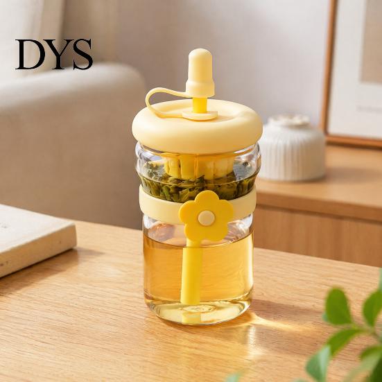 Colorful Borosilicate Glass Tea Cup Straw Cup, with Detachable Filter, Macaron Color Flower Cute Bottle Decor, Portable Heat Resistant Travel Mug, for