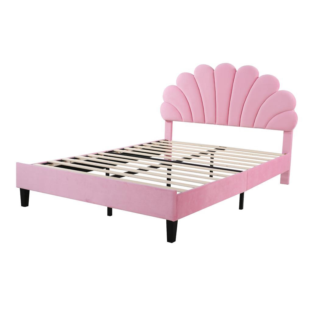Letto Matrimoniale Imbottito 140 x 200 cm, Struttura con Testiera a Forma di Fiore e Rete a Doghe, per Adulti-Ragazzi in Tessuto di Velluto Amico della Pelle, Letto per Ospiti Rosa