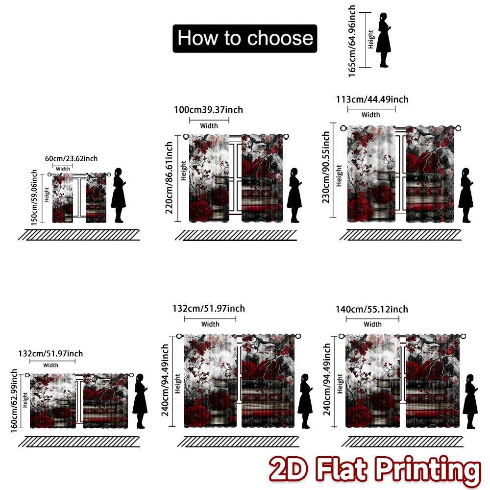 2D flat printing 2pcs Curtain Curtain Gothic Roses and Books Digital Printed Polyester Drapes Birthday Party Perfect for Yard &