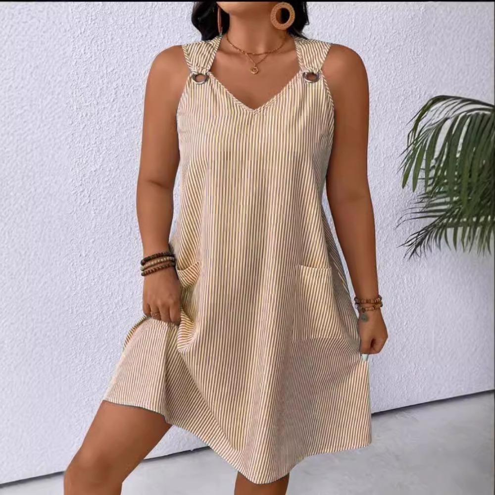 HNXC Abiti casual senza maniche con scollo a V e stampa a righe, estate e primavera, da donna