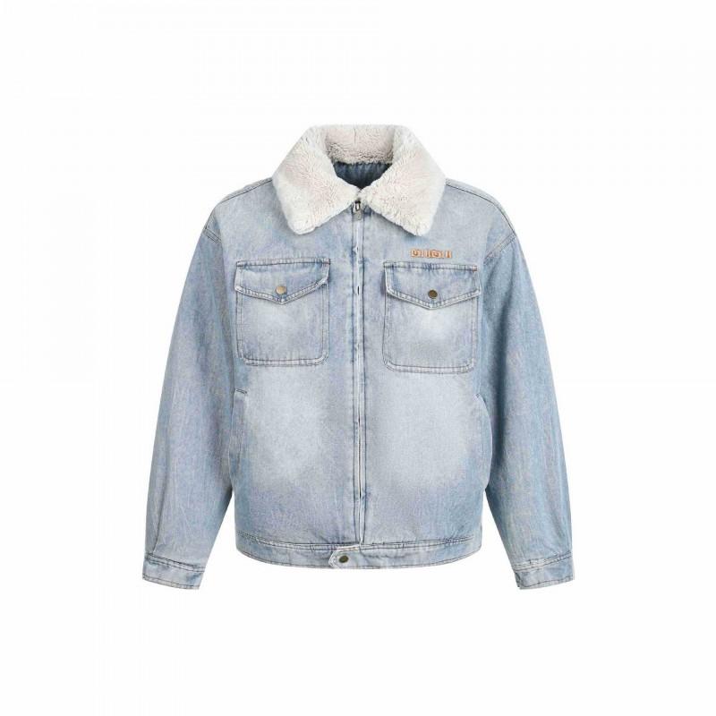 Mens Retro Lamb Wool Denim Cotton Jacket Thick Warm Lapel Winter Casual Coat