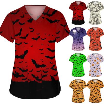 Women's Fashion V-neck Short Sleeve Workwear With Pockets Halloween Printed Tops