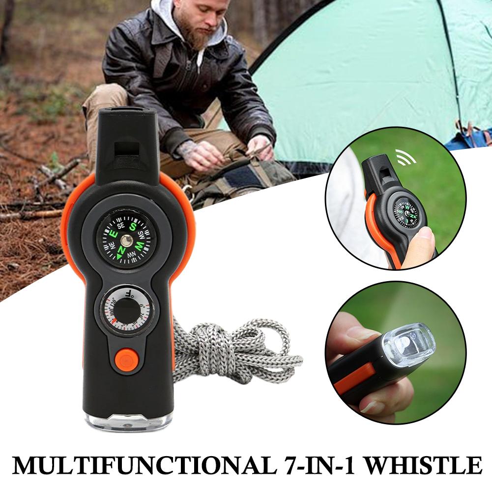 7in1 Notfall-Überlebensfunktionspfeife mit Trageband Kompass Taschenlampe Camping Wandern Outdoor Multifunktionale Überlebenspfeife