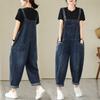 Spring Fall Women's Multi Pocket Cargo Suspender Female Vintage Patchwork Blue Denim Overalls Casual Loose Jumpsuit