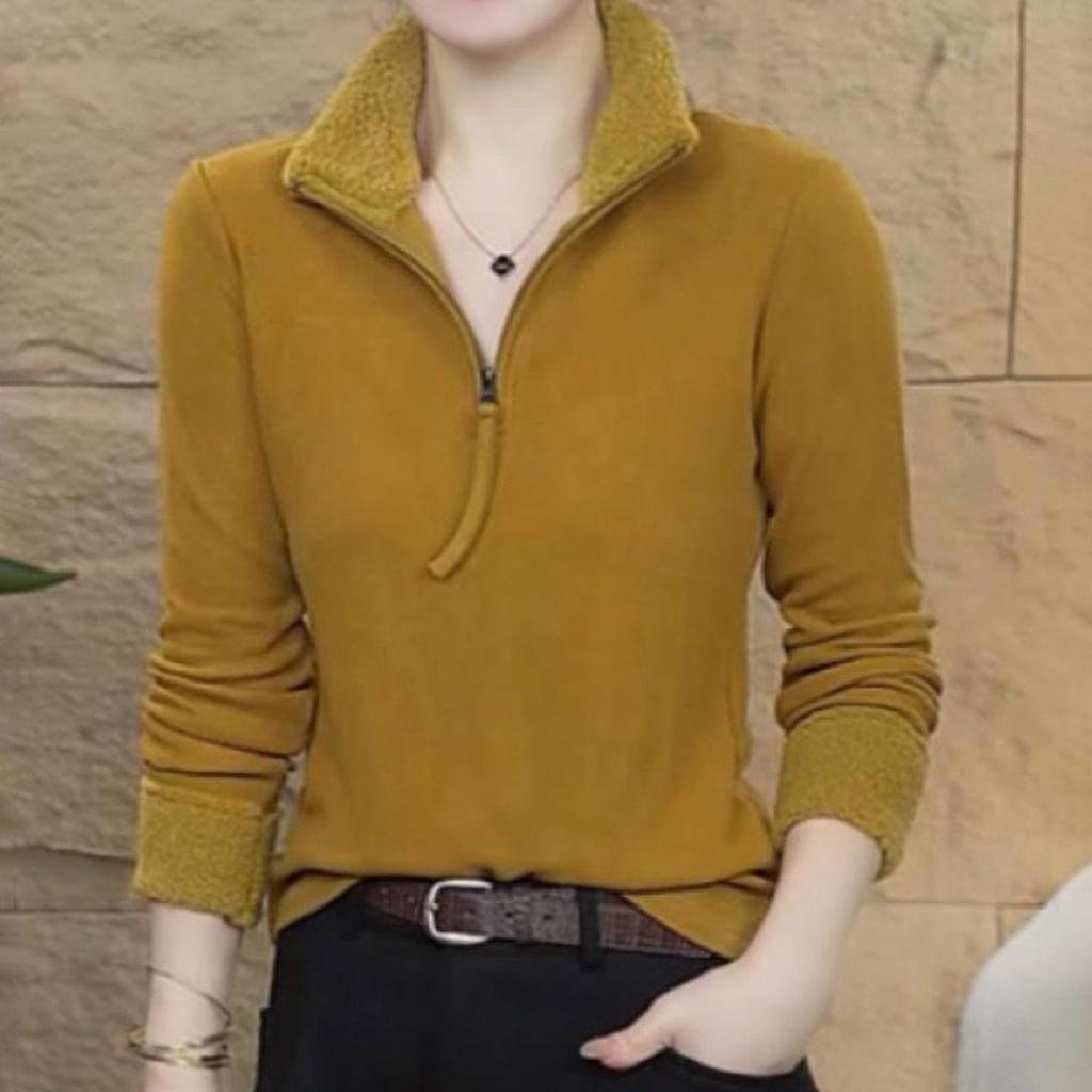 Winter Velvet Warm Zipper Long-Sleeve Casual Top for Middle-Aged Women