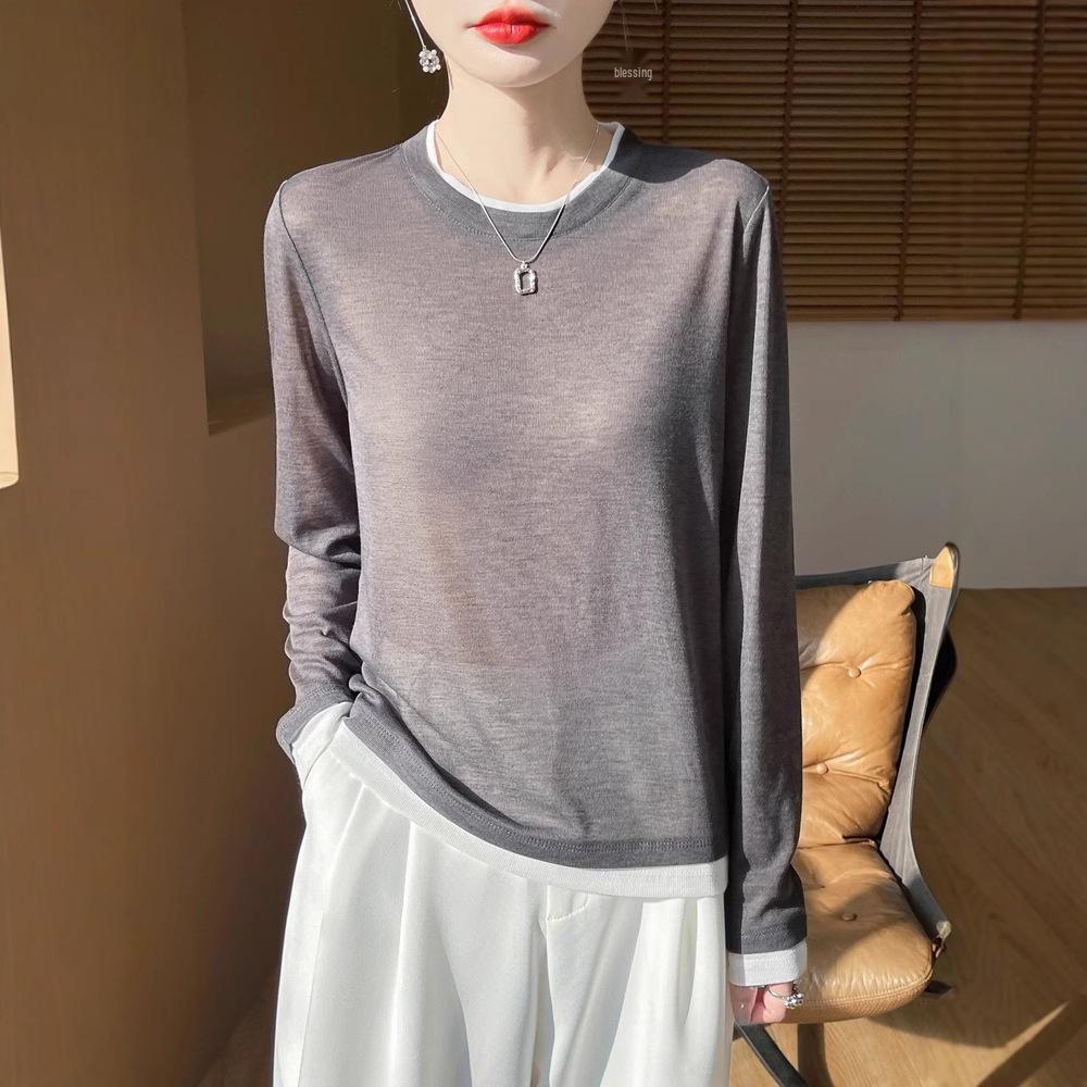 

Женский облегающий вязаный свитер в стиле колор-блок - Весна/Лето, круглый вырез, стиль из двух частей L (105-120 Jin)