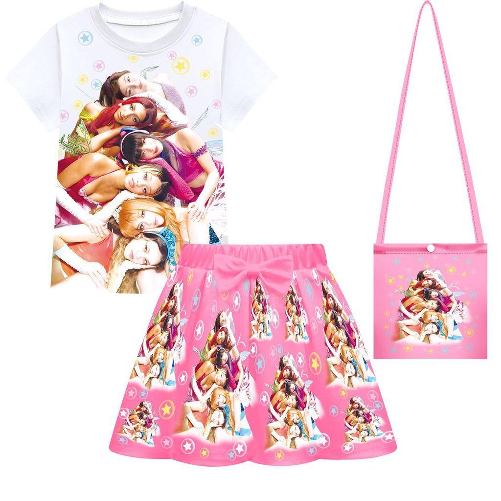 3 Stück/Sets Kinder Mädchen KATSEYE Pop-Sänger Druck Kurzarm T-Shirt Rock Tasche Set