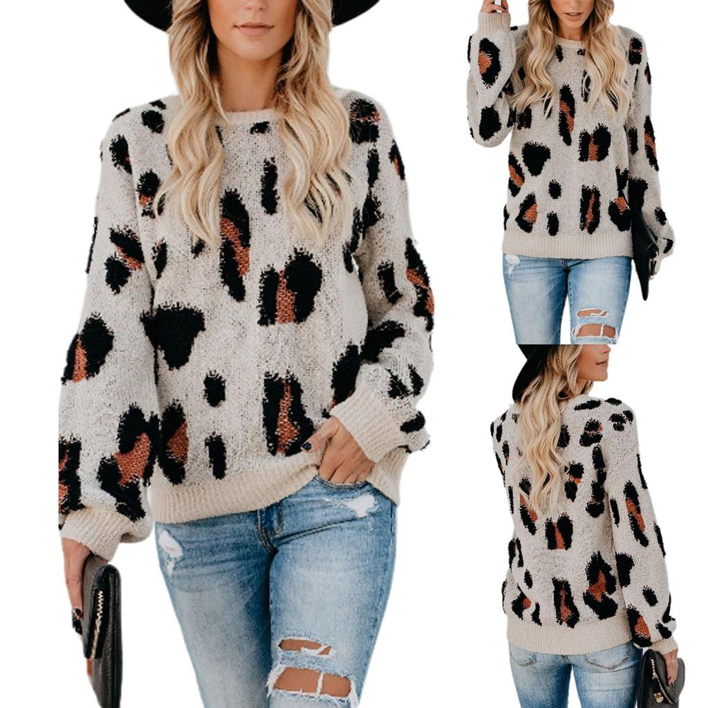Khaki Animal Print Sweater - Leopard Accent V-Neck Pullover | Femstylo main image 1