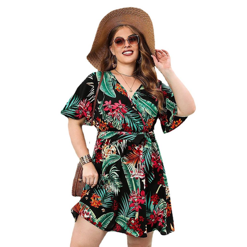 Rochie de vară de damă, mărime mare, cu imprimeu floral, rochii casual de vacanță, rochii boeme de călătorie pe malul mării, cu decolteu în V.