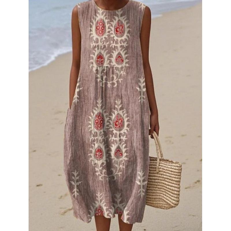 Summer new sleeveless pocket casual printing temperament long dress dress slim dress