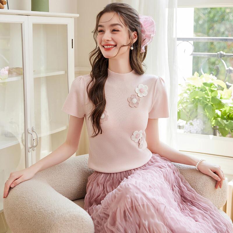 Haut Tricot Col Haut Perlé Floral Bailuyu pour Femme