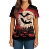 Women's Halloween Printed V-Neck Double Pocket Short Sleeves Hem Slit Uniform Caregiver Top