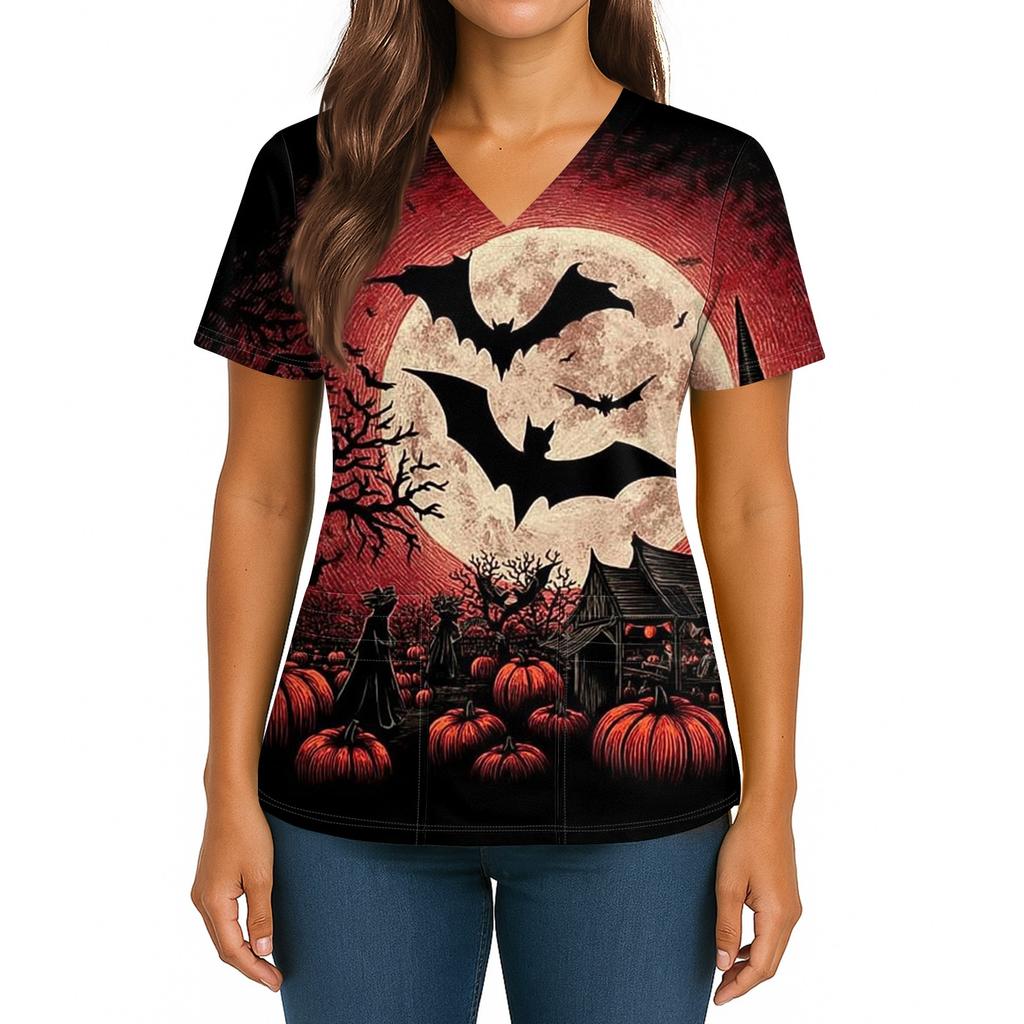 Women's Halloween Printed V-Neck Double Pocket Short Sleeves Hem Slit Uniform Caregiver Top