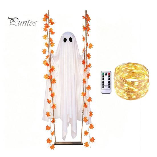 Autumn Maple Leaf Accents Hanging Swing Ghost Halloween Decoration with Leaf, Light Up Ornament Seasonal Manor Window Decor Height Adjustable