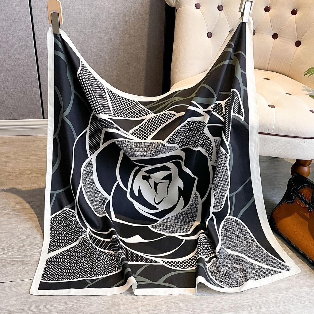 Big Flower Diagonal Silk Pattern Large Square Scarf 90 Fashion Retro Printing Imitation Silk Shawl Scarf Headscarf Women