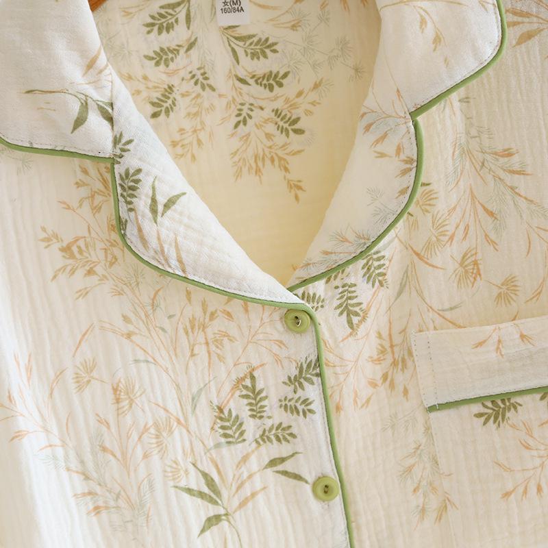 Women's Three-Piece Pure Cotton Gauze Pajama Set - Short Sleeve and Long Pants